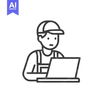 Line Art: Technician with Laptop, Isolated on White Background