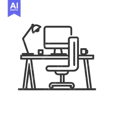 Minimalist Workspace Icon: Desk, Computer, Lamp, Chair, and Coffee Cup