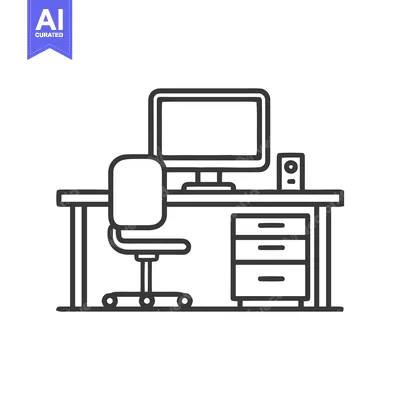 Minimalist Office Desk Illustration with Computer and Chair in Line Ar