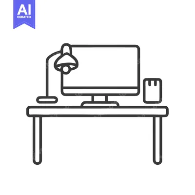 Minimalist Desk Setup: Computer, Lamp, and Organizer Line Art