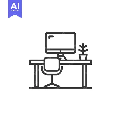 Minimalist Desk Setup Icon with Computer, Chair, and Plant Illustratio