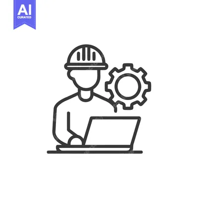 Aset premium populer: Engineer with Laptop and Gear: Modern Industry Line Icon Illustration