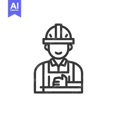 Construction Worker Icon: Smiling, Hard Hat, Gloves, Outline Style