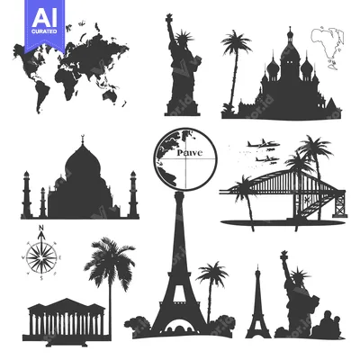 World Landmarks Silhouettes with Palm Trees and Compass