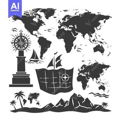 World Map with Travel and Navigation Icons