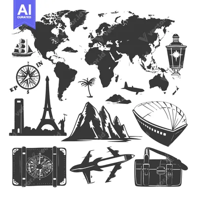 World Map with Travel and Transportation Icons