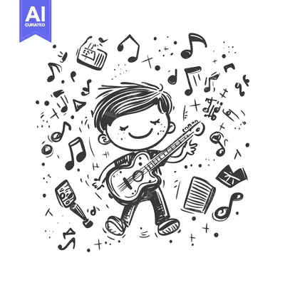 A Boy Playing Guitar Surrounded by Music Notes