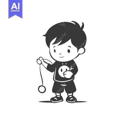 A Boy Playing with a Yo-yo, Simple Illustration in Black and White