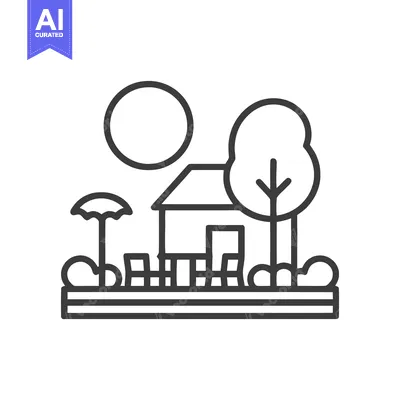 Minimalist Line Art: House, Sun, Tree, and Umbrella Scene
