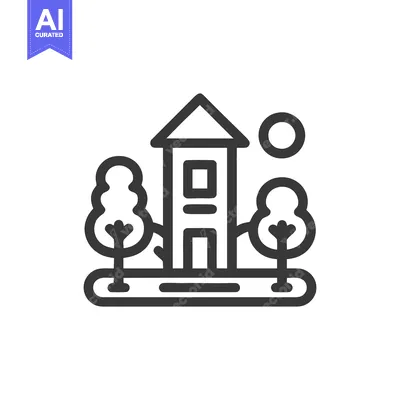 Aset desain premium: Minimalist House Icon with Trees and Sun, Outline Style