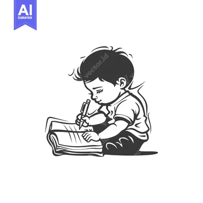 Young Boy Concentratedly Writing in a Notebook