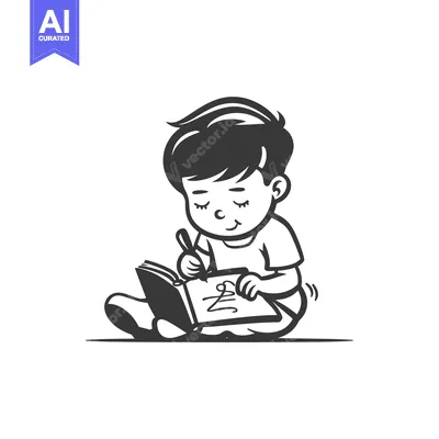 Young Boy Sitting and Drawing in a Book