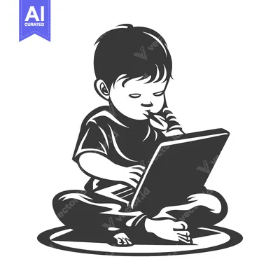 Young Boy Sitting and Using a Laptop