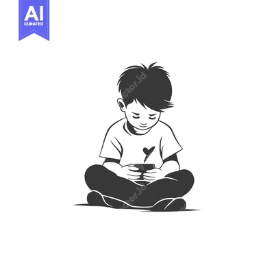 Young Boy Sitting Cross-legged and Using a Smartphone
