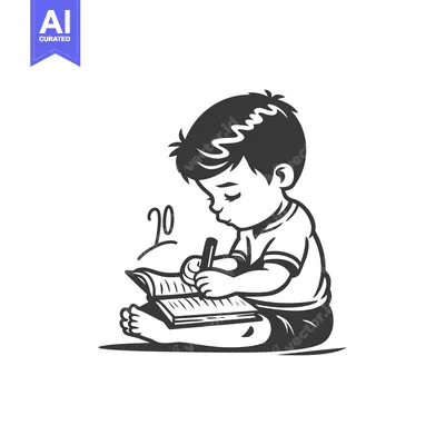 Young boy sitting, writing in a notebook with a pencil