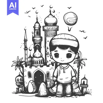 Young Boy Standing in Front of Mosque with Palm Trees and Birds