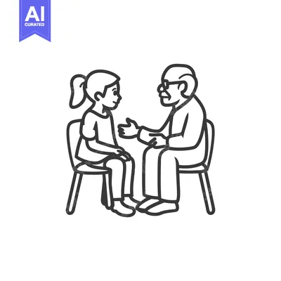 Young Girl and Elderly Man Talking on Chairs