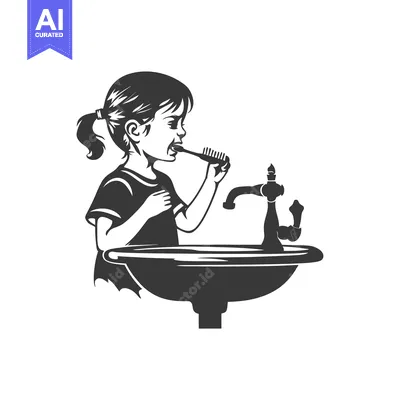 Young Girl Brushing Teeth in Bathroom Sink