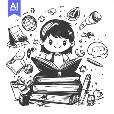 Young Girl Reading a Book Surrounded by School Supplies