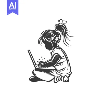 Young Girl Sitting and Using a Laptop Computer