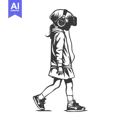 Young Girl Walking with VR Headset and Headphones