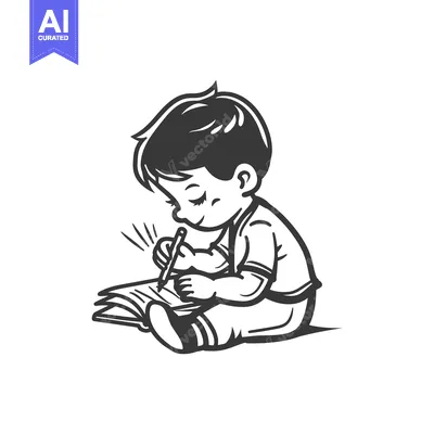 A Boy Sitting and Writing in a Book with a Pencil