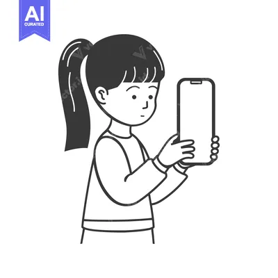 Aset premium populer: Young girl with ponytail holding a smartphone