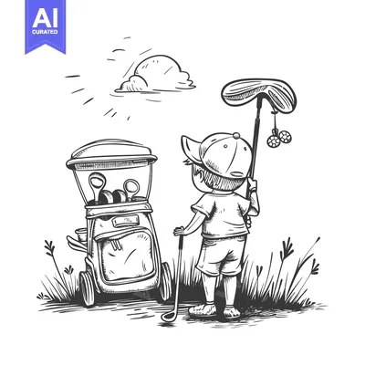 Young Golfer with Bag and Club in a Hand-Drawn Illustration