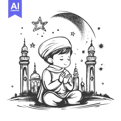 Young Muslim Boy Praying with Mosques and Crescent Moon in Background