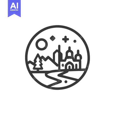 Minimalist Landscape Icon: Winding River, Mountains, Cityscape, and Ce