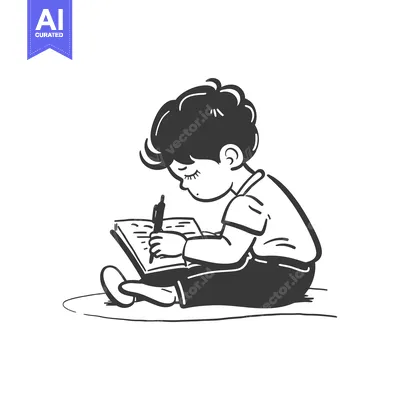 A Boy Sitting and Writing in a Notebook