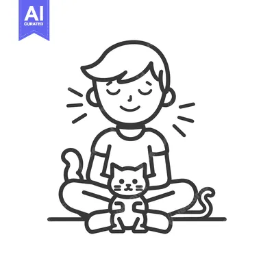 A boy sitting with his legs crossed, holding a cat, with eyes closed a