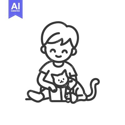 A boy sitting with his pet cat, outlined in black