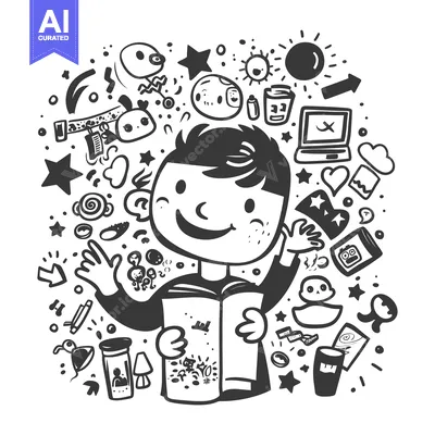 A Boy Surrounded by Doodle-Like Drawings While Holding an Open Book