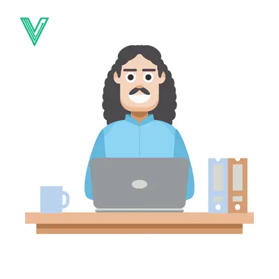 Man with long hair and mustache working on a laptop at his desk