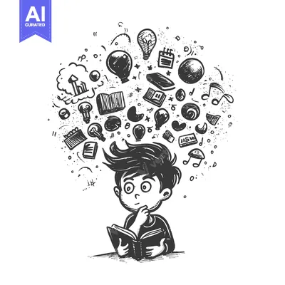 A boy with a book surrounded by doodles representing ideas and knowled