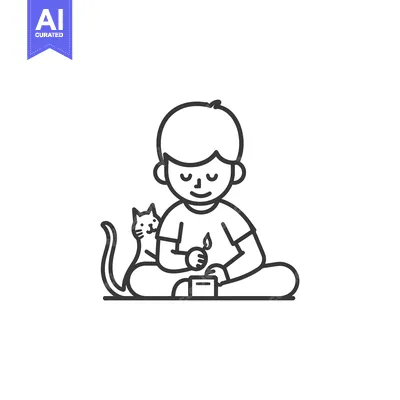 A boy with a cat sitting cross-legged, holding a potted plant
