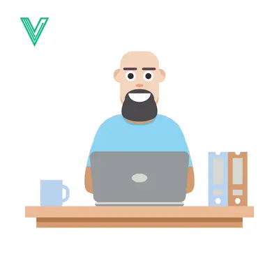 Bald Man with Beard Working on Laptop at Desk with Coffee and Files