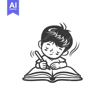 Aset premium populer: A boy with short hair is concentrated on writing in a book with a penc