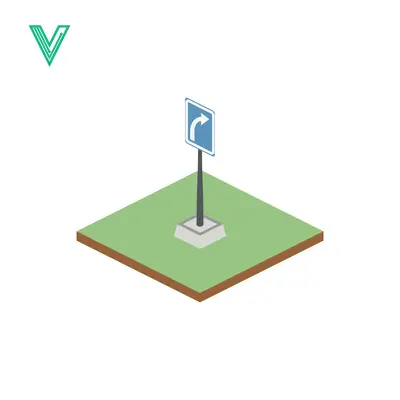 Isometric road sign indicating a right turn ahead on a grassy plot