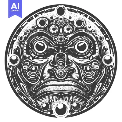 Aset desain premium: Abstract Black and White Circular Design with Eyes and Geometric Shape