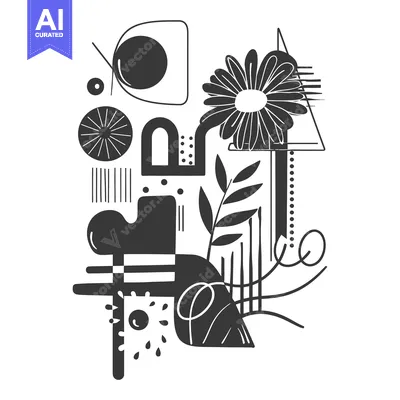 Aset premium populer: Abstract Black and White Composition with Geometric Shapes and Floral