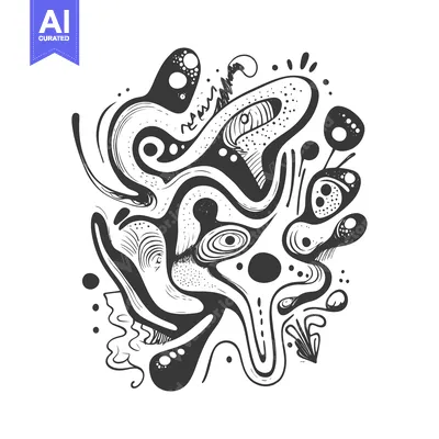 Abstract black and white doodle art with organic shapes and patterns.
