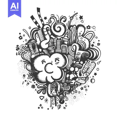 Premium design asset: Abstract Black and White Doodle Artwork with a Smiling Cloud