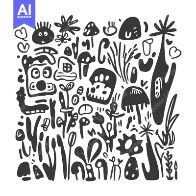 Abstract black and white doodle illustration of a whimsical forest wit