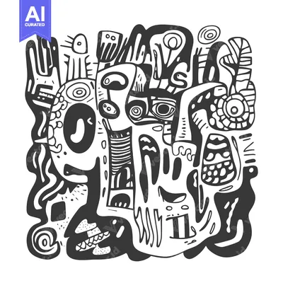Aset premium populer: Abstract Black and White Doodle Illustration with Shapes and Eyes