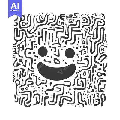 Aset desain premium: Abstract black and white doodle pattern with a smiley face in the cent