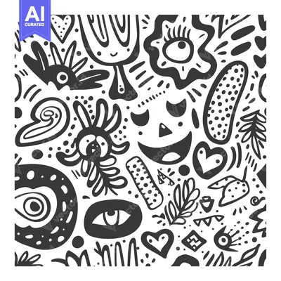Premium design asset: Abstract Black and White Doodle Pattern with Eyes, Hearts, and Geometr