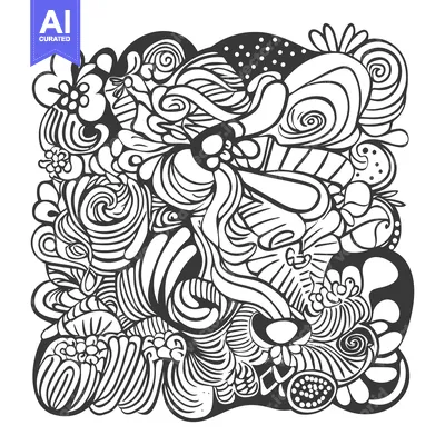 Abstract Black and White Doodle Pattern with Floral and Geometric Elem