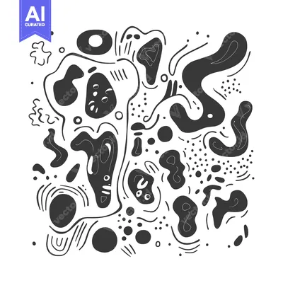 Aset desain premium: Abstract Black and White Doodle Pattern with Organic Shapes